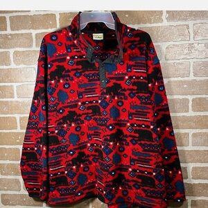 L.L. Bean Red and Black Geometric Fleece Pullover